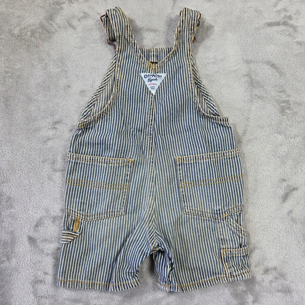 OshKosh Bgosh Kids 12M Hickory Stripe Denim Bib Overalls Shortalls 702-0304 Blue